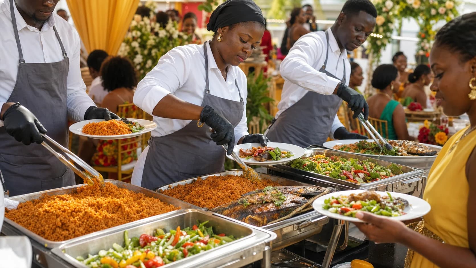 A catering team serving guests at a Ghanaian celebration
