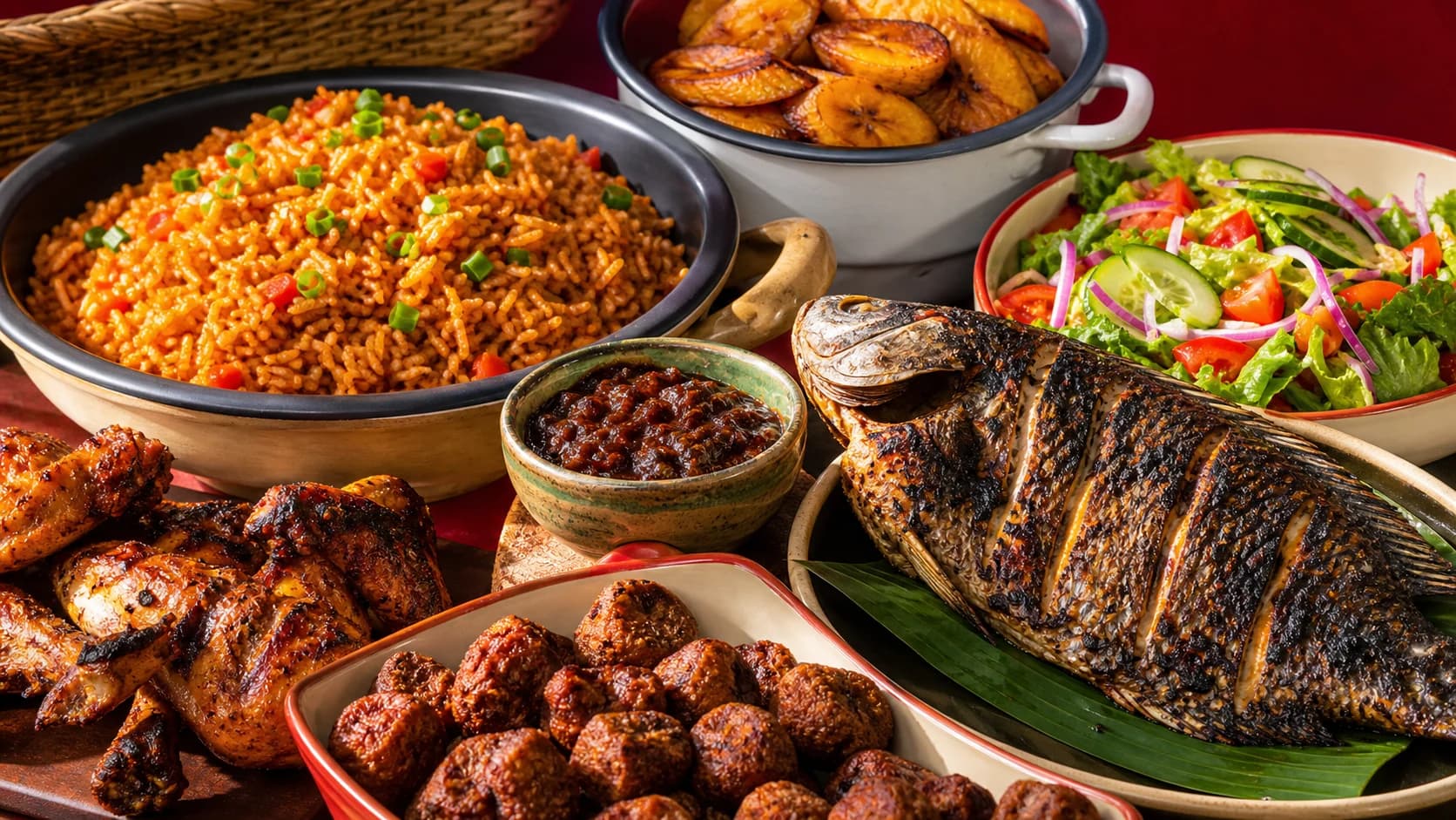 A generous spread of Ghanaian-inspired food